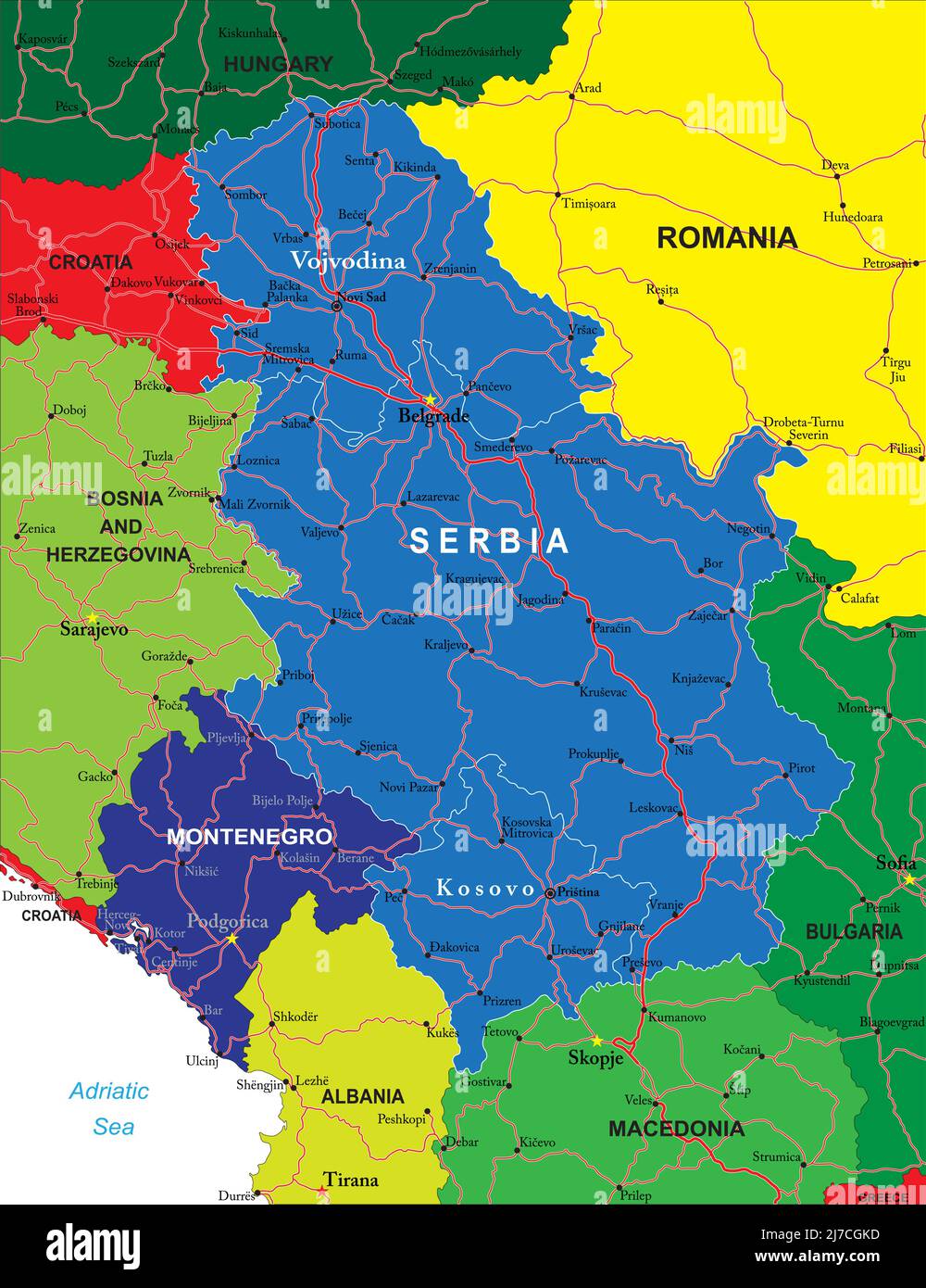 Detaillierte Karte von Serbien und Muntenegro.jede Datei wird mit Multiplexschichten erstellt, einschließlich Landesgrenzen, Landesnamen, Hauptstraßen und einem Hochland de Stock Vektor