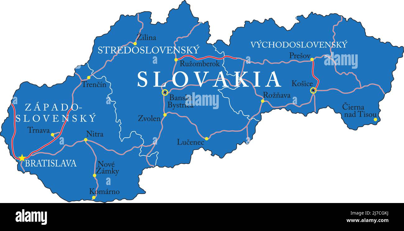Hochdetaillierte Vektorkarte der Slowakei mit Verwaltungsregionen, Hauptstädten und Straßen. Stock Vektor