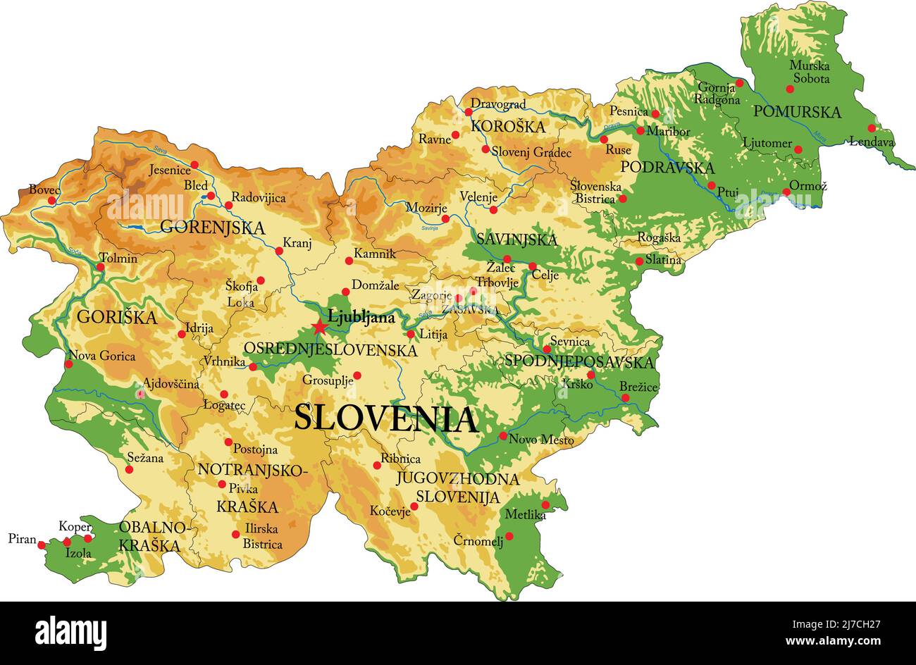 Sehr detaillierte physische Karte von Slowenien, im Vektorformat, mit allen Reliefformen, Regionen und großen Städten. Stock Vektor