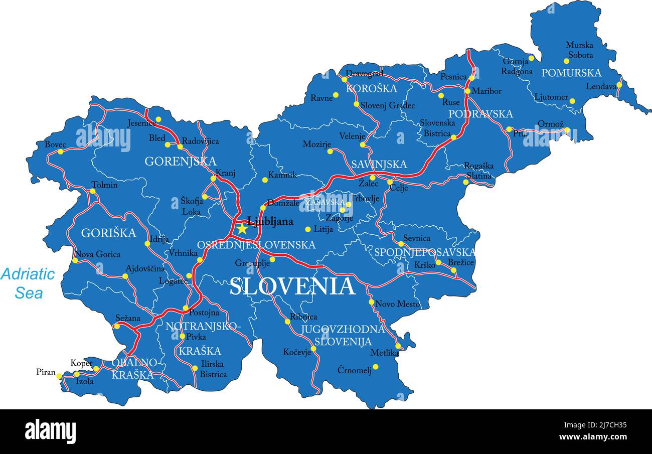 Sehr detaillierte Vektorkarte von Slowenien mit Verwaltungsregionen, Hauptstädten und Straßen. Stock Vektor