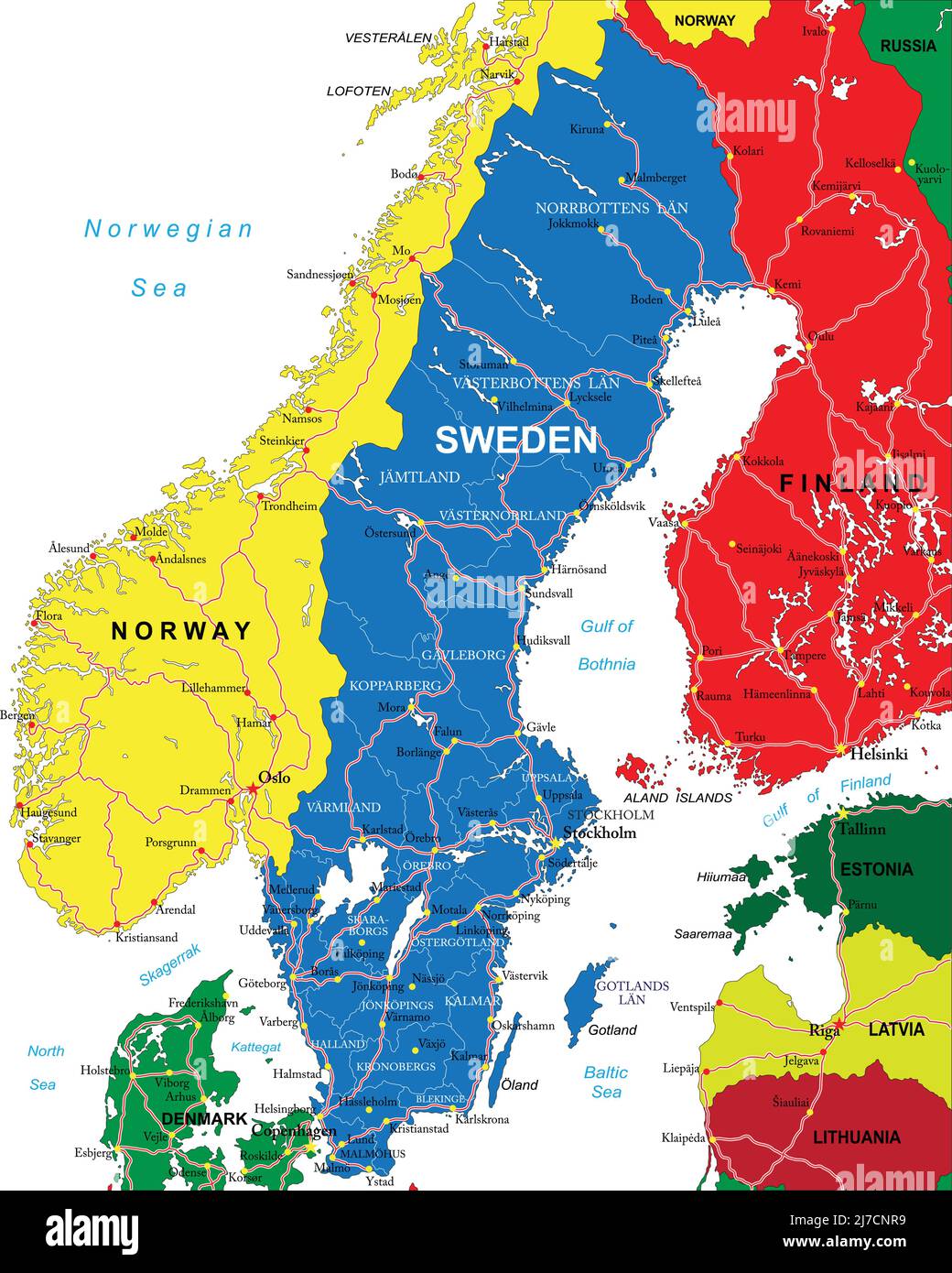 Sehr detaillierte Vektorkarte von Schweden mit Verwaltungsregionen, Hauptstädten und Straßen. Stock Vektor
