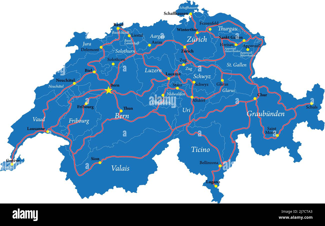 Sehr detaillierte Karte der Schweiz, mit den wichtigsten Verwaltungsregionen, Städten und Straßen. Stock Vektor