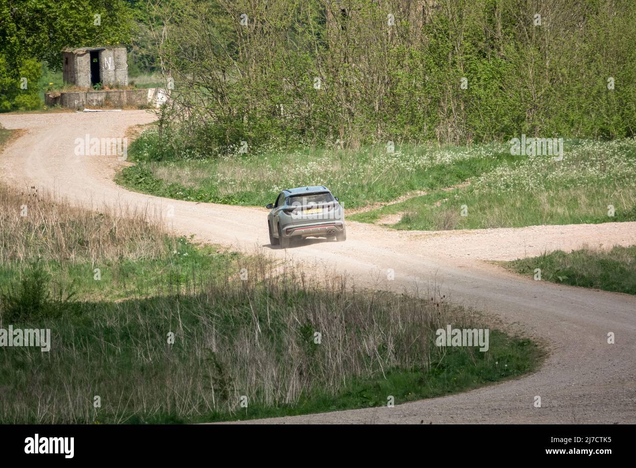 Graues Sportauto, das auf einer ungemachten Steinbahn in grüner Landschaft fährt Stockfoto