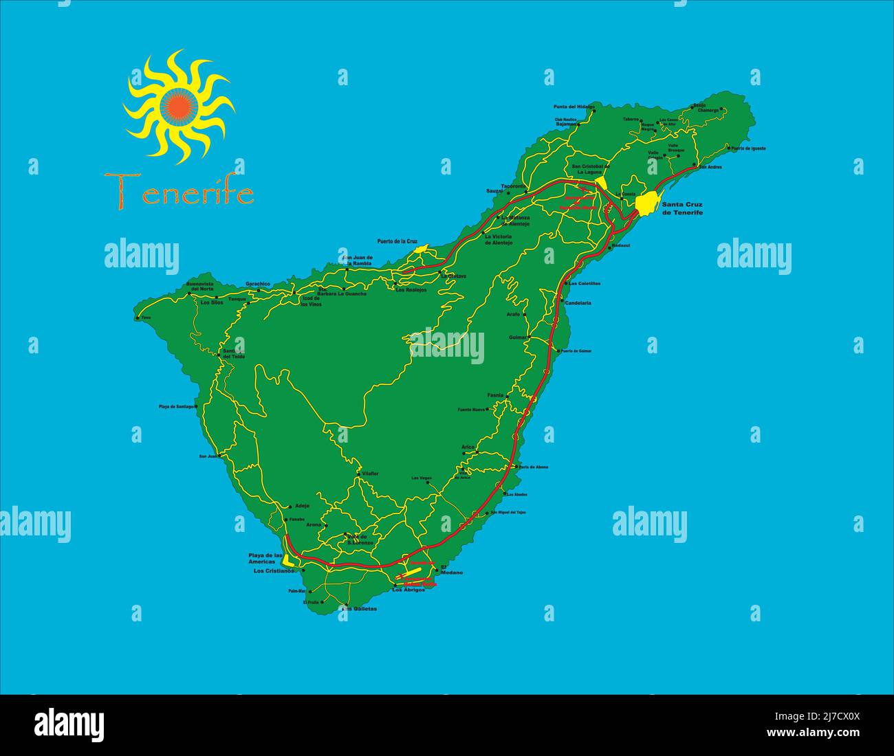 Karte der Insel Teneriffa mit Städten und Hauptstraßen Stock Vektor