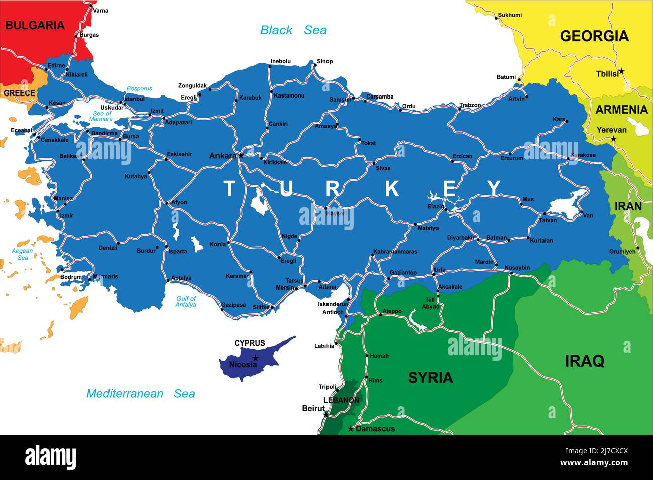 Hochdetaillierte Vektorkarte Türkei mit Verwaltungsregionen, Hauptstädten und Straßen. Stock Vektor