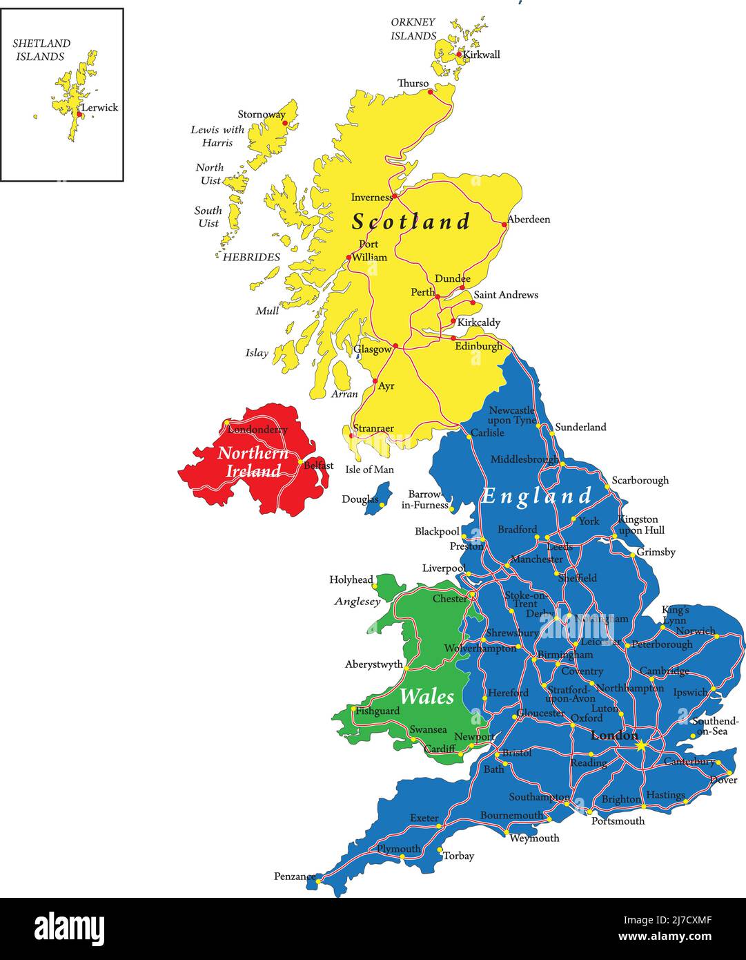 Sehr detaillierte Vektorkarte von Großbritannien mit Verwaltungsregionen, Hauptstädten und Straßen. Stock Vektor