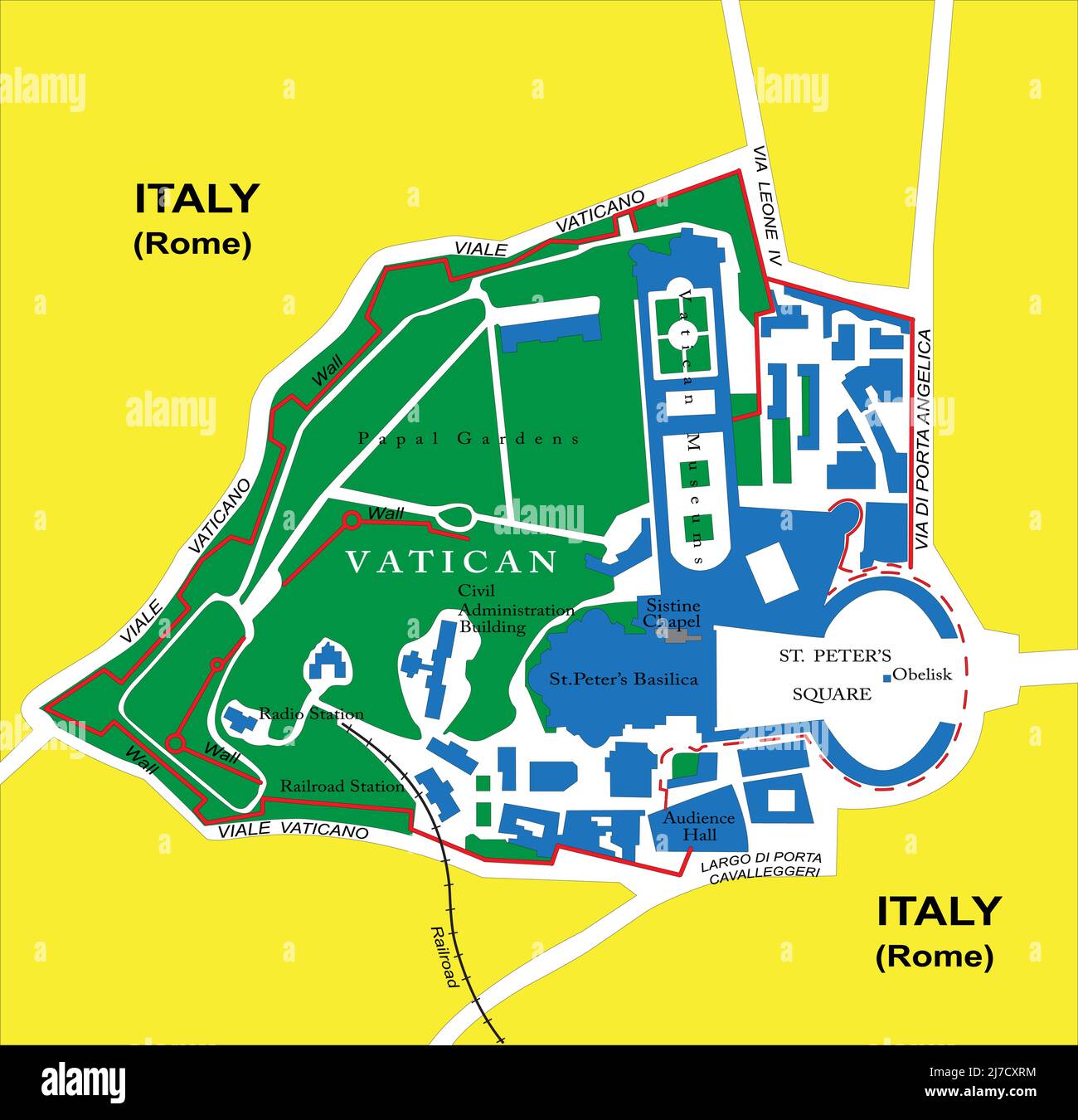 Hochdetaillierte Vektorkarte des Vatikans mit Verwaltungsgebieten, Hauptstädten und Straßen. Stock Vektor