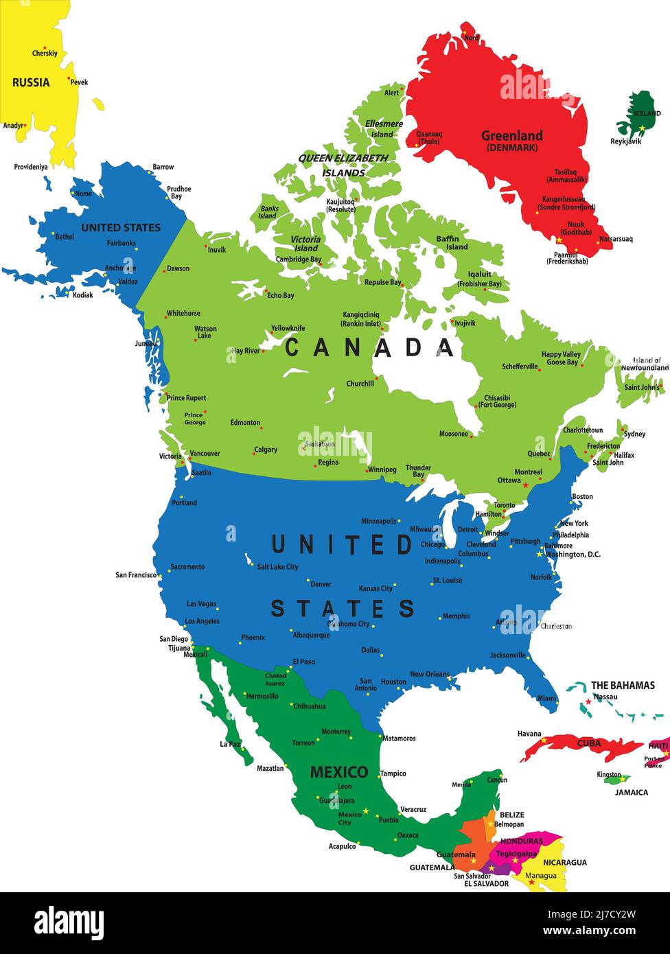 Politische Karte von Nordamerika im Vektorformat mit Landesgrenzen und Hauptstädten. Stock Vektor