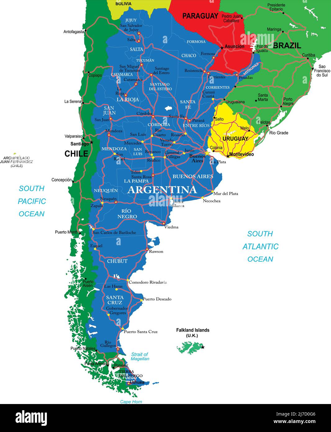 Hochdetaillierte Vektorkarte Argentinien mit Verwaltungsregionen, Hauptstädten und Straßen. Stock Vektor