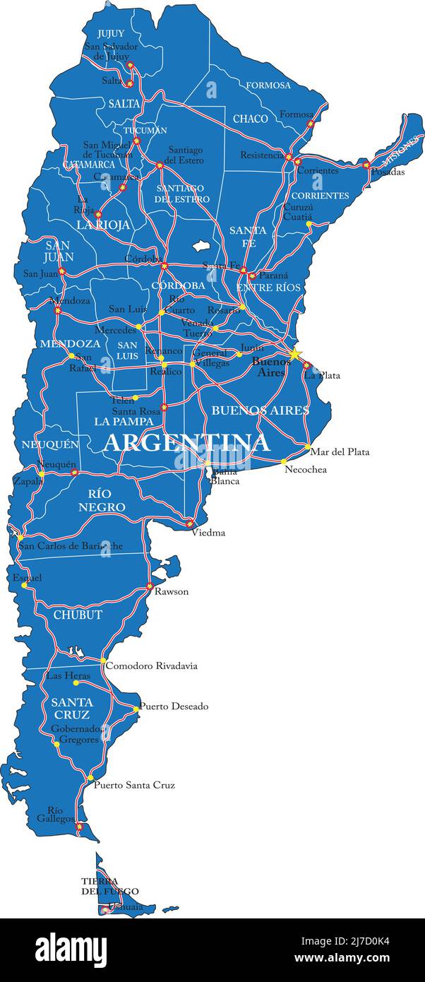Sehr detaillierte Vektorkarte von Argentinien mit Verwaltungsregionen, Hauptstädten und Straßen. Stock Vektor