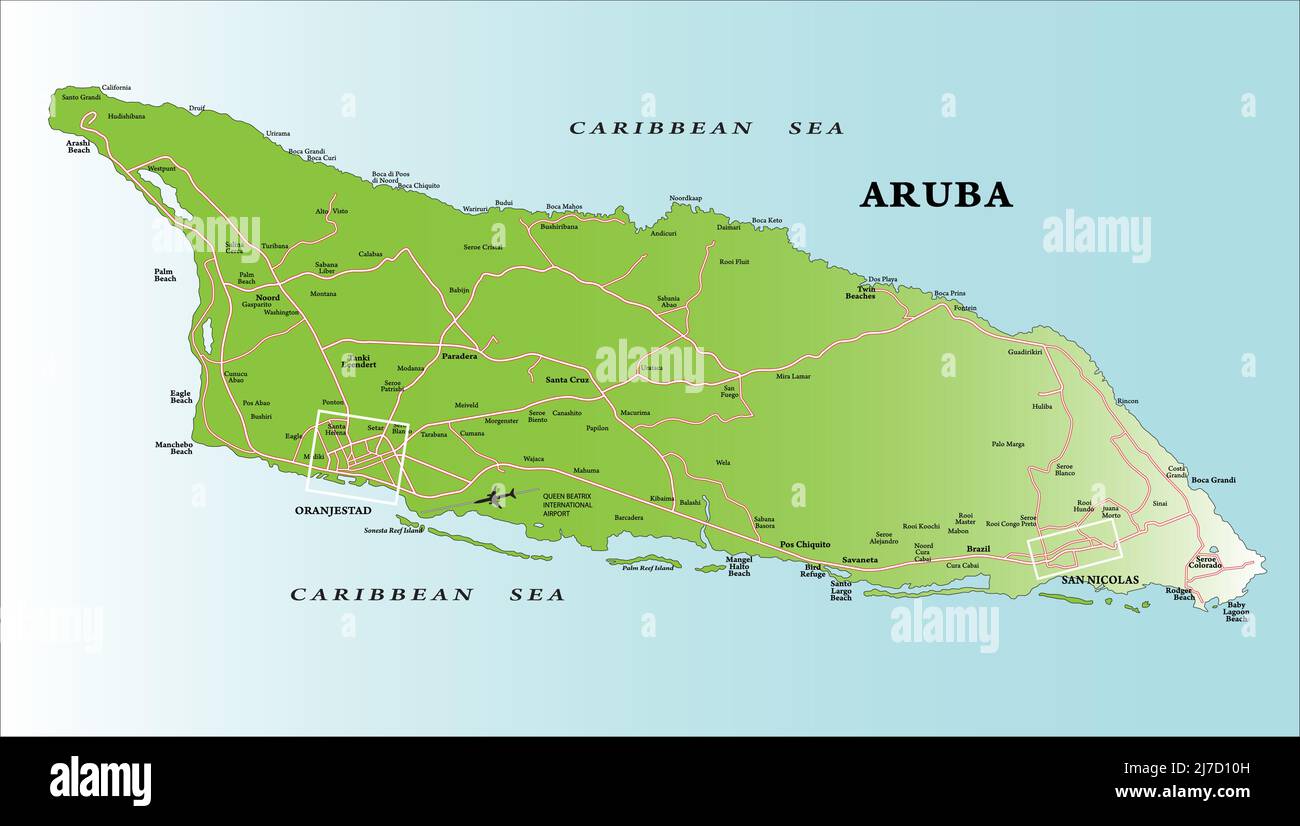 Sehr detaillierte Vektorkarte von Aruba mit Verwaltungsregionen, Hauptstädten und Straßen. Stock Vektor