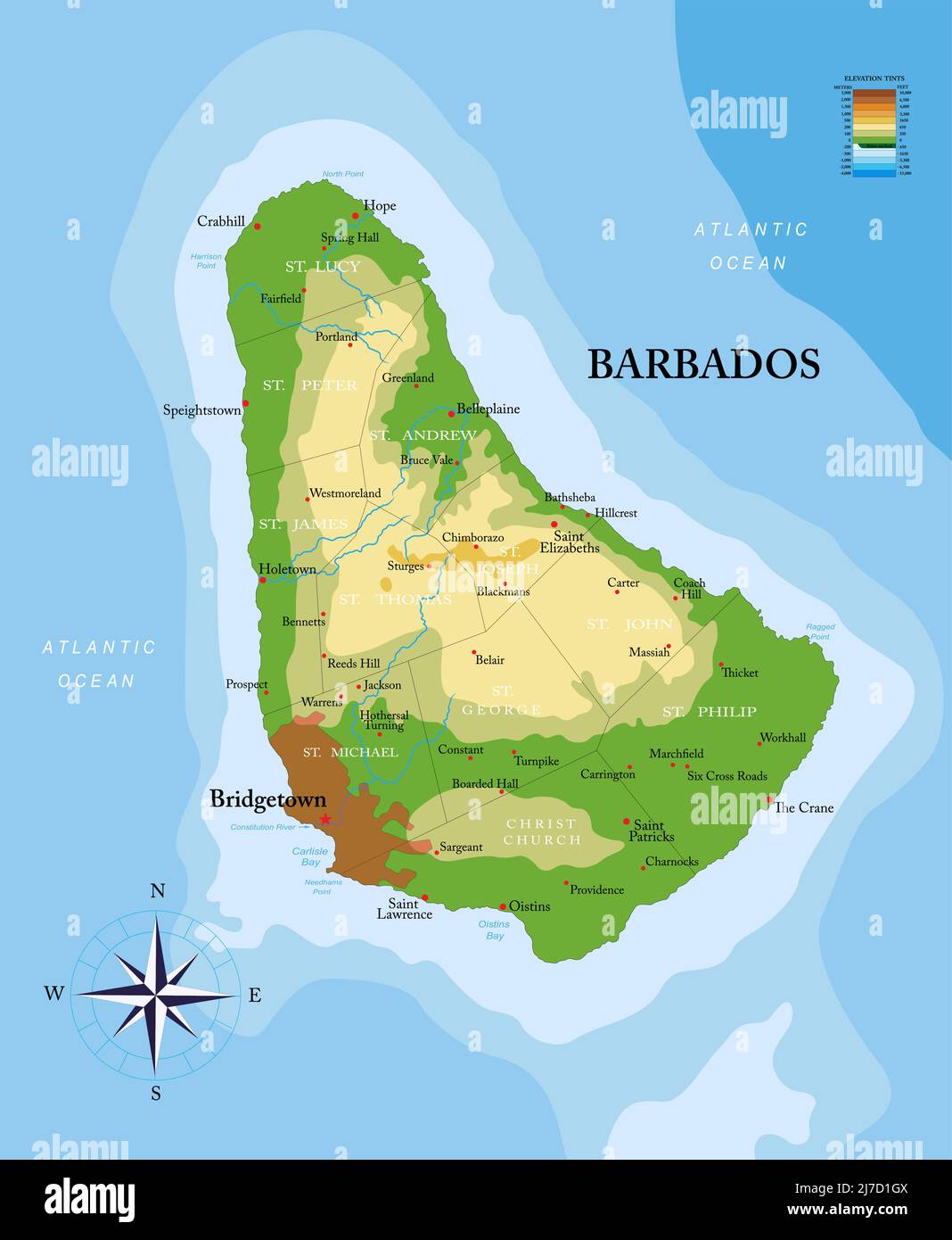 Sehr detaillierte physische Karte der Insel Barbados, im Vektorformat, mit allen Reliefformen, Regionen und großen Städten. Stock Vektor