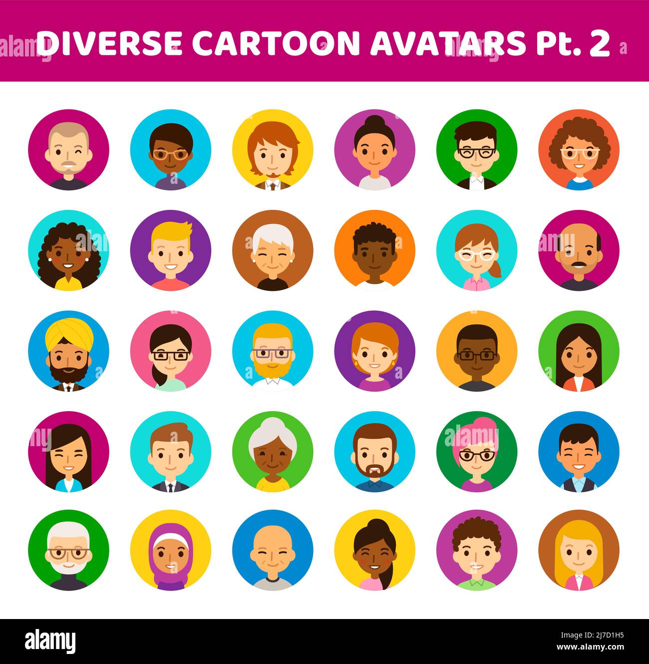 Set mit 30 verschiedenen runden Avataren auf Farbkreisen. Unterschiedliche Ethnien, Alter und Frisuren. Niedlich und einfach flach Cartoon-Stil. Stock Vektor