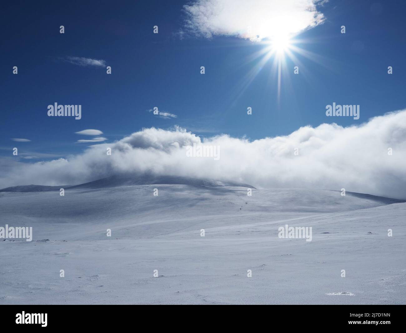 Blick von Cairn Lochan über das verschneite Hochplateau auf Ben Macdui. Blauer Himmel mit Sonne und Lichtreflexen und Wolkeninversion. Menschen in weiter Ferne. Stockfoto