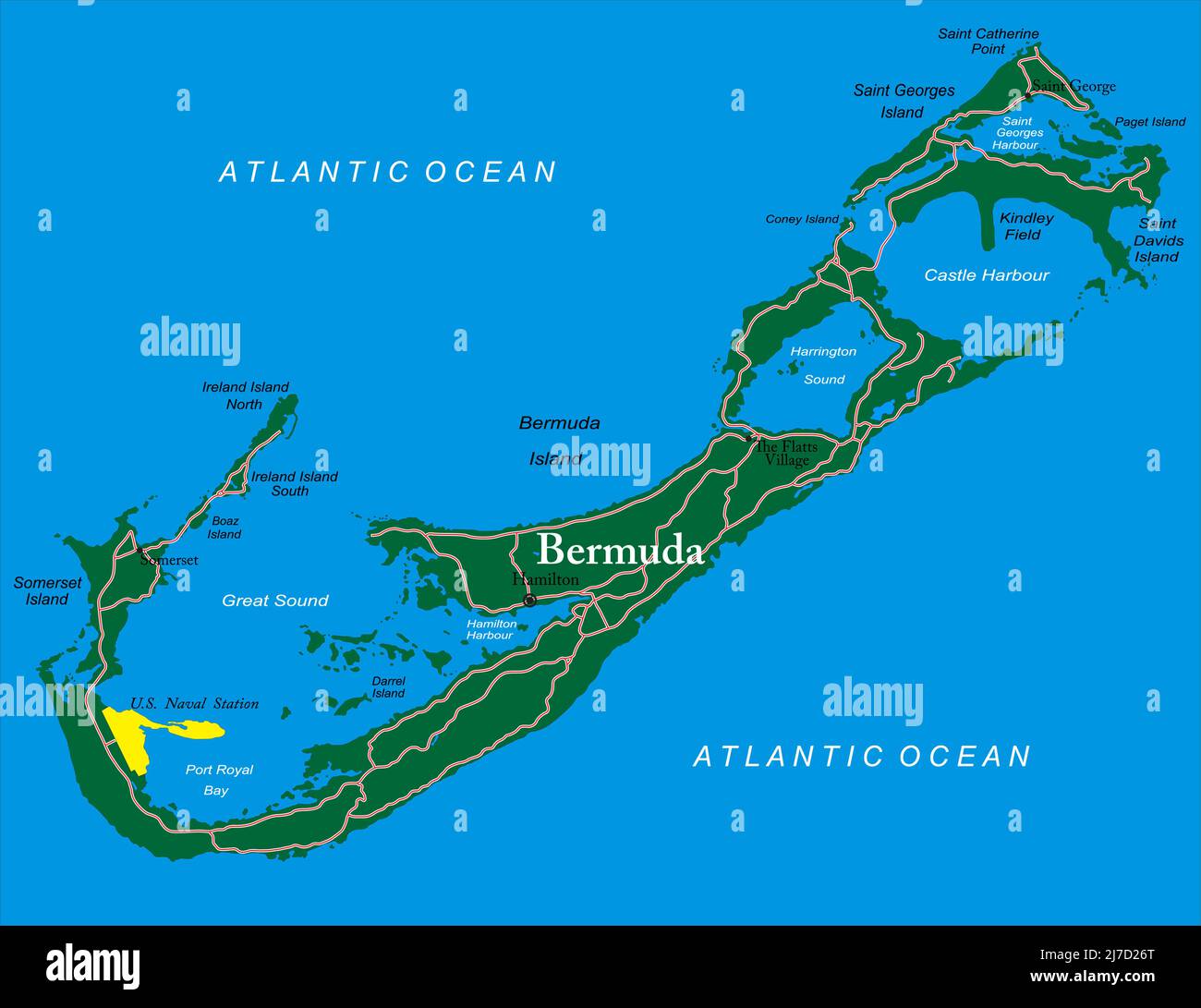 Hochdetaillierte Vektorkarte von Bermuda mit Verwaltungsregionen, Hauptstädten und Straßen. Stock Vektor