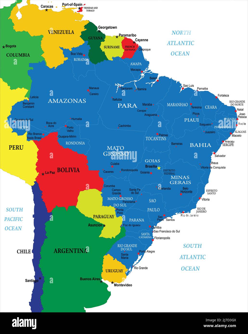 Sehr detaillierte Vektorkarte von Brasilien mit Verwaltungsregionen, Hauptstädten und Straßen. Stock Vektor