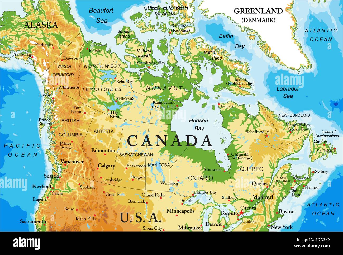 Sehr detaillierte physische Karte von Kanada, im Vektorformat, mit allen Reliefformen, Regionen und großen Städten. Stock Vektor