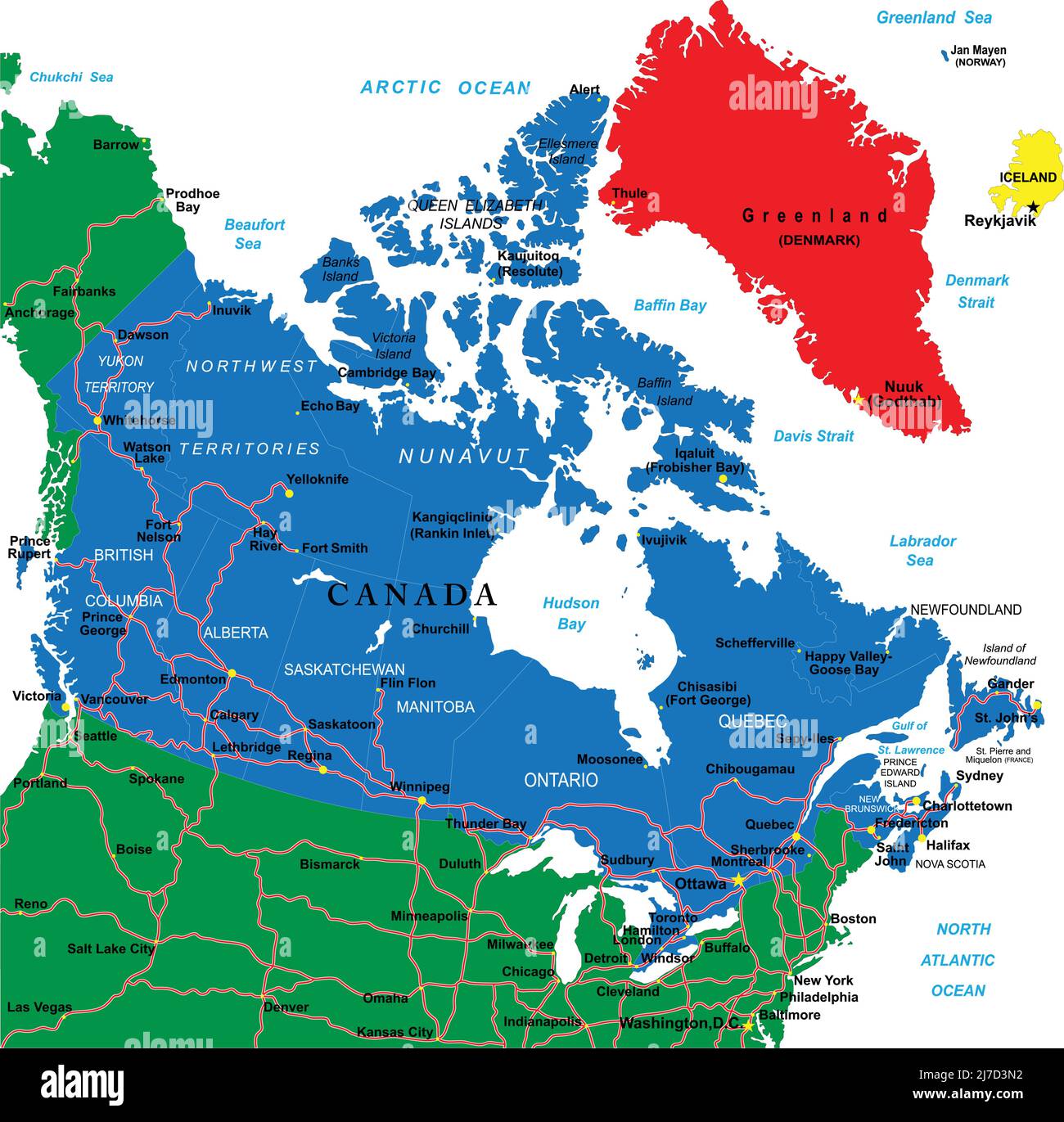 Sehr detaillierte Vektorkarte von Kanada mit Verwaltungsregionen, Hauptstädten und Straßen. Stock Vektor