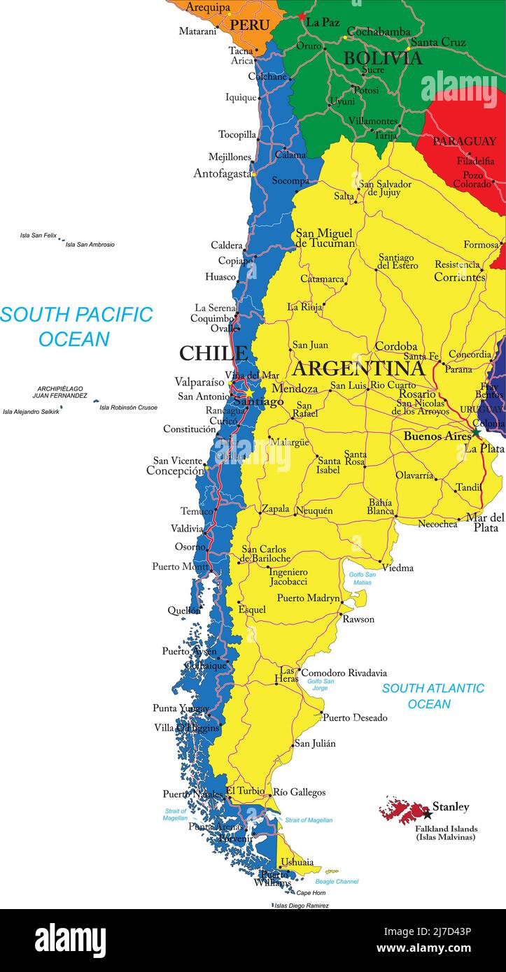 Hochdetaillierte Vektorkarte von Chile mit Verwaltungsregionen, Hauptstädten und Straßen. Stock Vektor