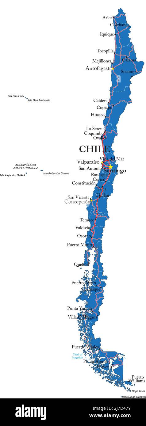 Hochdetaillierte Vektorkarte von Chile mit Verwaltungsregionen, Hauptstädten und Straßen. Stock Vektor