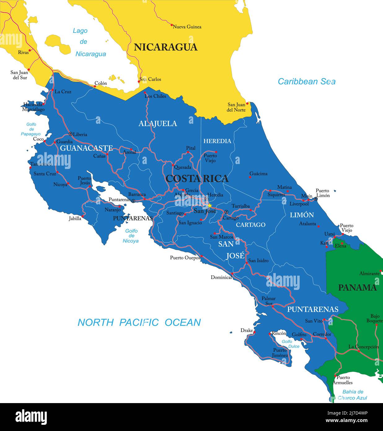 Hochdetaillierte Vektorkarte von Costa Rica mit Verwaltungsregionen, Hauptstädten und Straßen. Stock Vektor