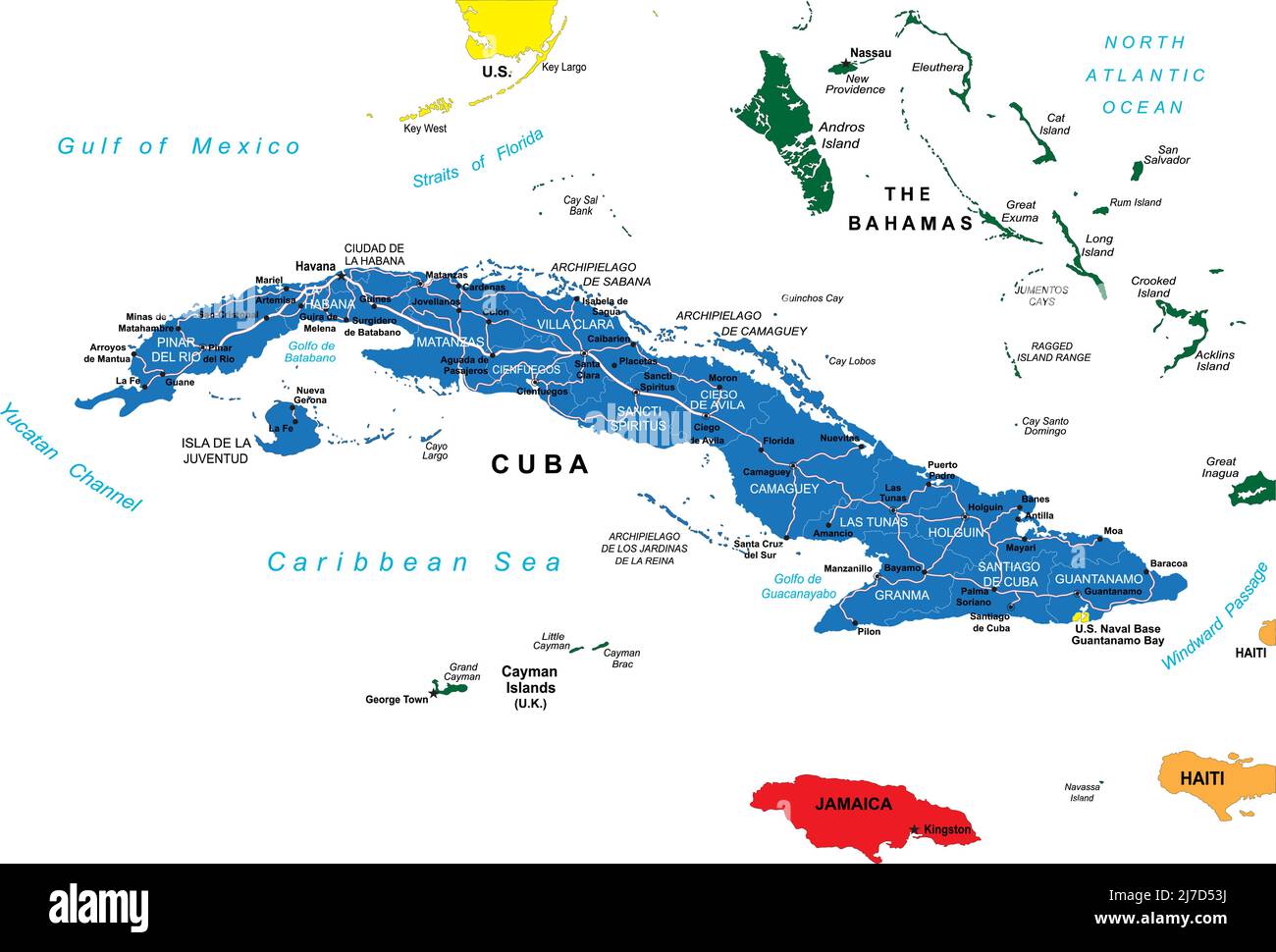 Sehr detaillierte Vektorkarte von Kuba mit Verwaltungsregionen, Hauptstädten und Straßen. Stock Vektor