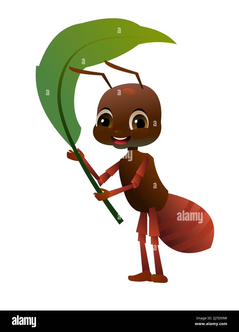 Braune Ameise mit Blatt. Tierobjekt. Kleines witziges Insekt. Niedlicher Cartoon-Stil. Isoliert auf weißem Hintergrund. Vektor. Stock Vektor