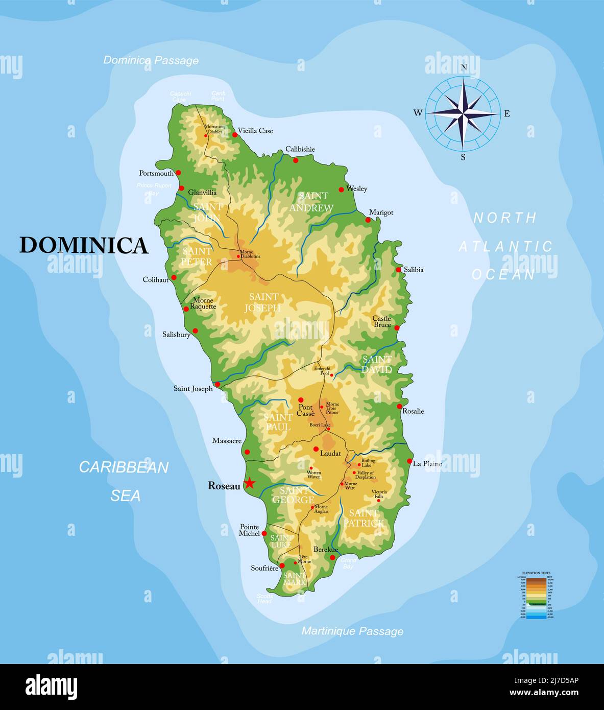 Sehr detaillierte physische Karte der Insel Dominica, im Vektorformat, mit allen Reliefformen, Regionen und großen Städten. Stock Vektor