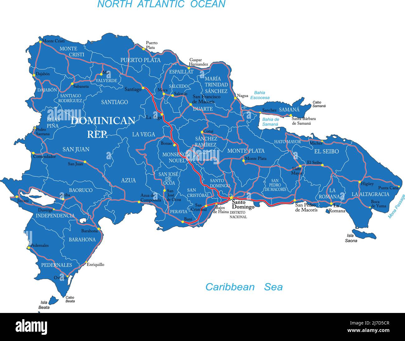 Hochdetaillierte Vektorkarte der Dominikanischen Republik mit Verwaltungsregionen, Hauptstädten und Straßen. Stock Vektor
