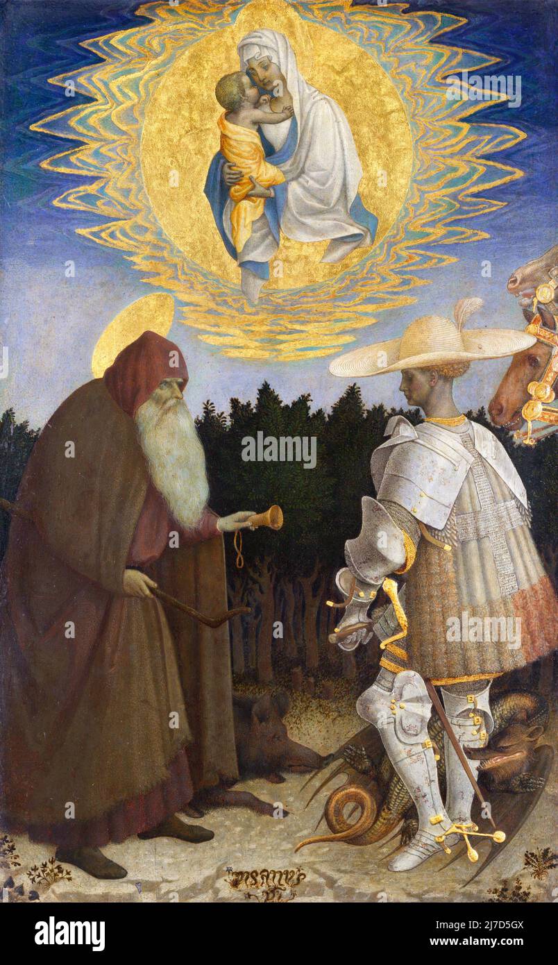 Die Jungfrau und das Kind mit den Heiligen Antonius Abt und Georg von der 15. Jahrhundert italienischen Künstler, Pisanello (c. 1380/1395 – c. 1450/1455), Eiertemperatur auf Pappel, c. 1435-41 Stockfoto