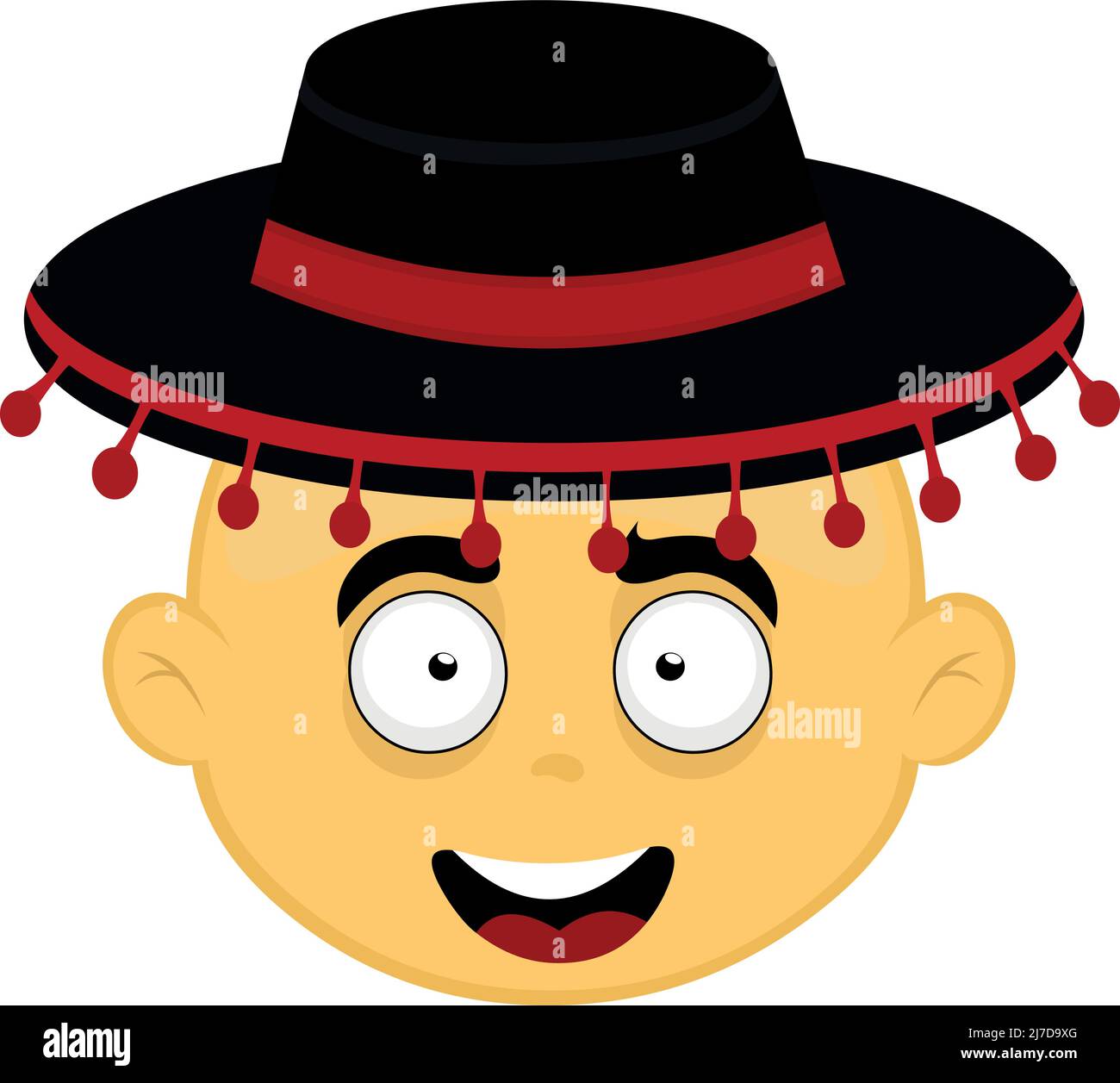 Vektor-Illustration des Gesichts einer gelben Zeichentrickfigur mit einem klassischen spanischen Flamenco-Hut Stock Vektor