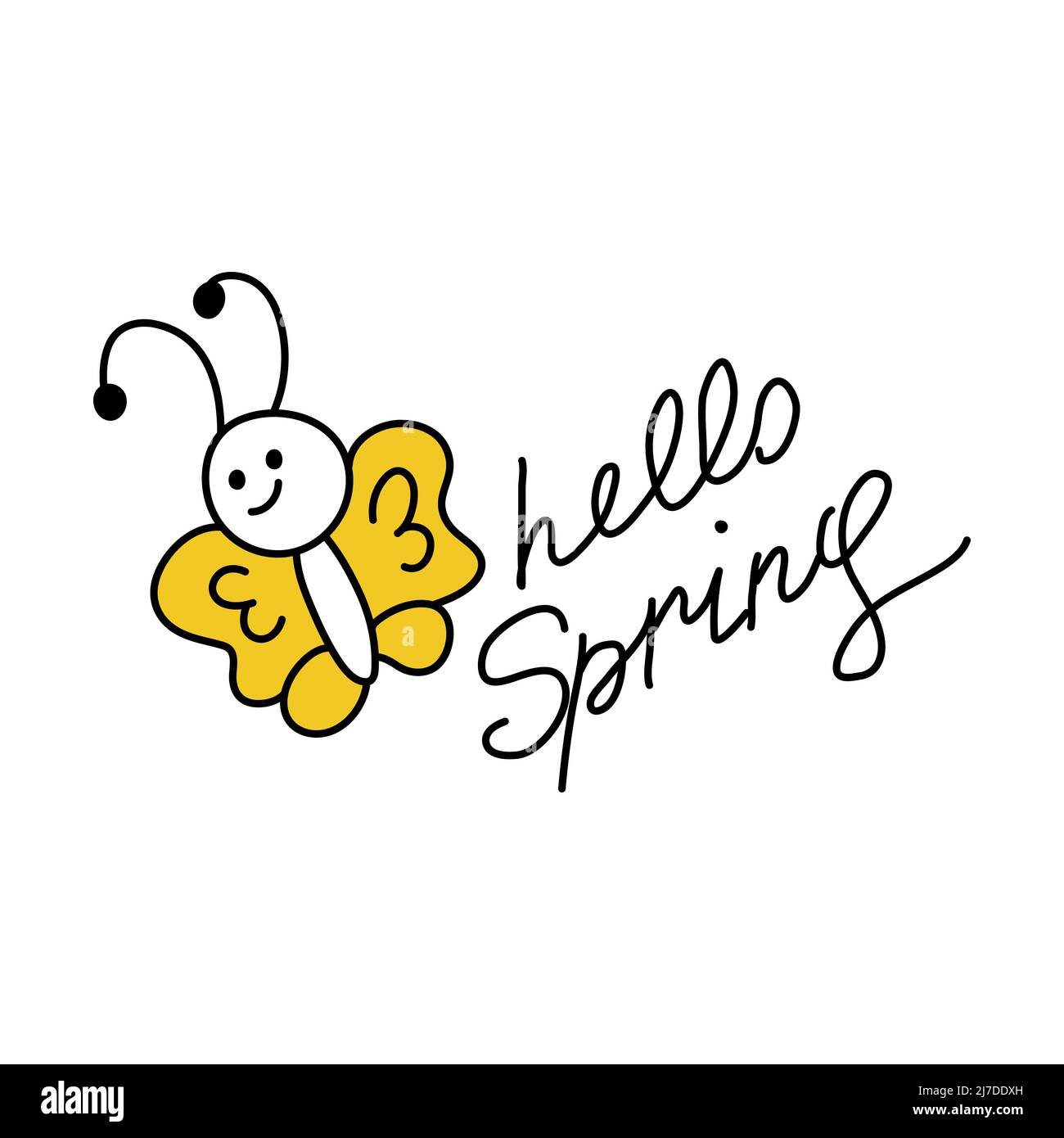 Doodle-Schriftzug mit dem Satz Hello Spring. Schlampige Kinderinschrift. Niedliche lustige Schmetterling. Eine einfache Ikone des Stils von 90s. Cliparts zum Bedrucken von Aufklebern und Grußkarten. Stock Vektor