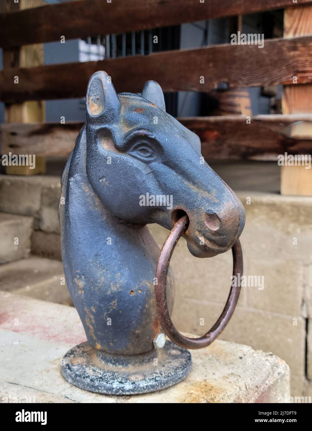 Nahaufnahme eines antiken gusseisernen Pferdes mit Ring-Anhitching-Säule Stockfoto