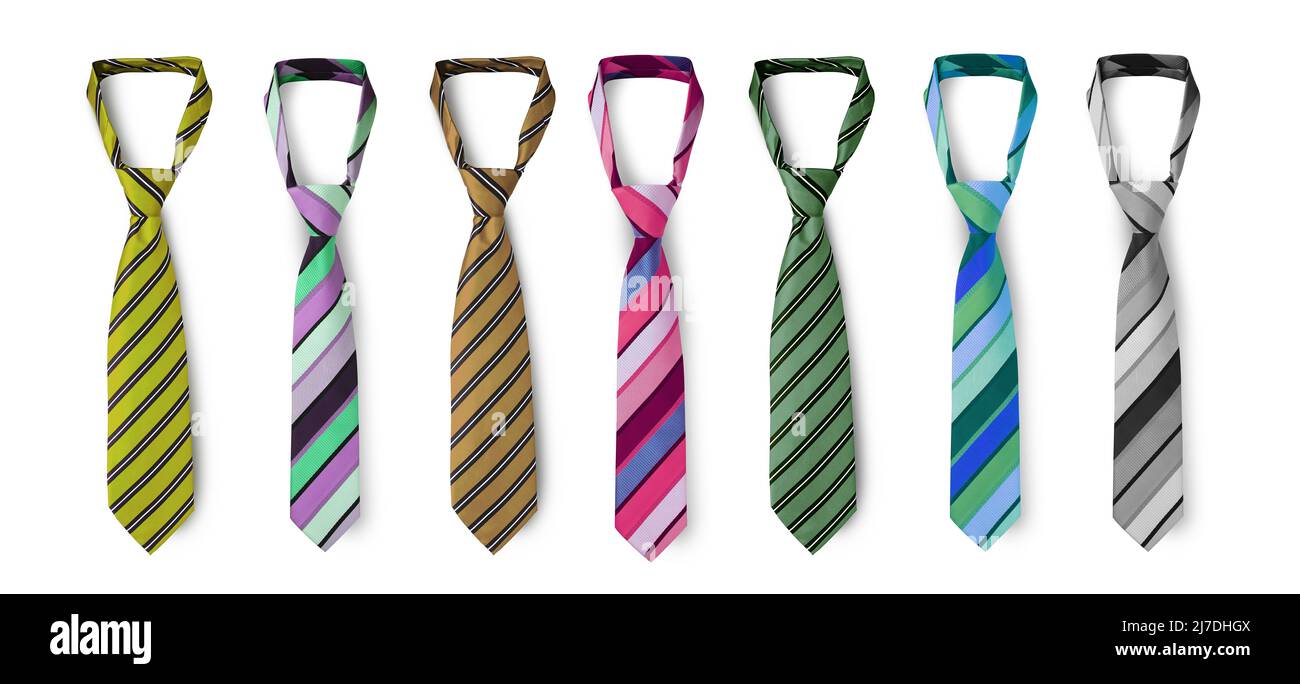 Geschnallte Krawatten in verschiedenen Farben, gestreifte Krawatten für Herren. Isoliert auf weißem Hintergrund Stockfoto