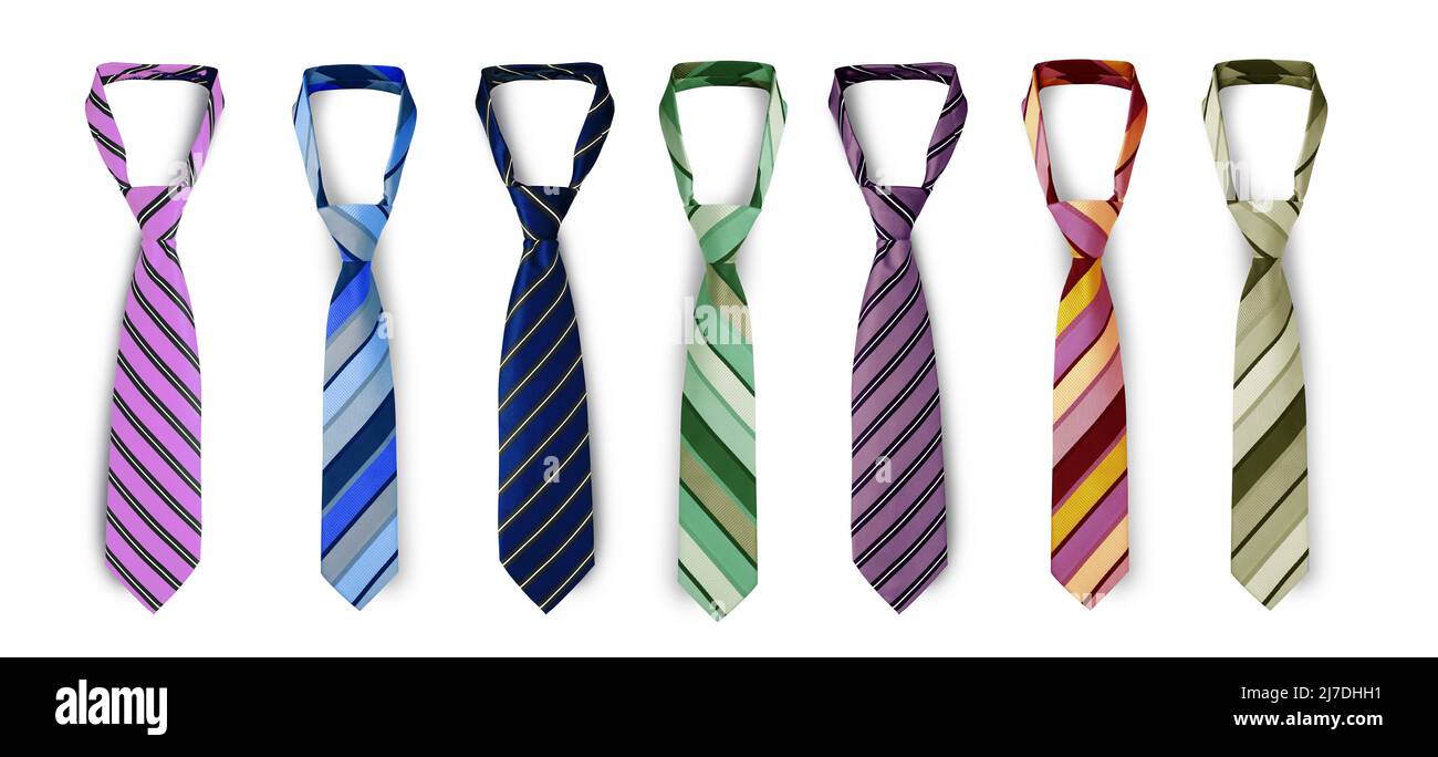 Geschnallte Krawatten in verschiedenen Farben, gestreifte Krawatten für Herren. Isoliert auf weißem Hintergrund Stockfoto