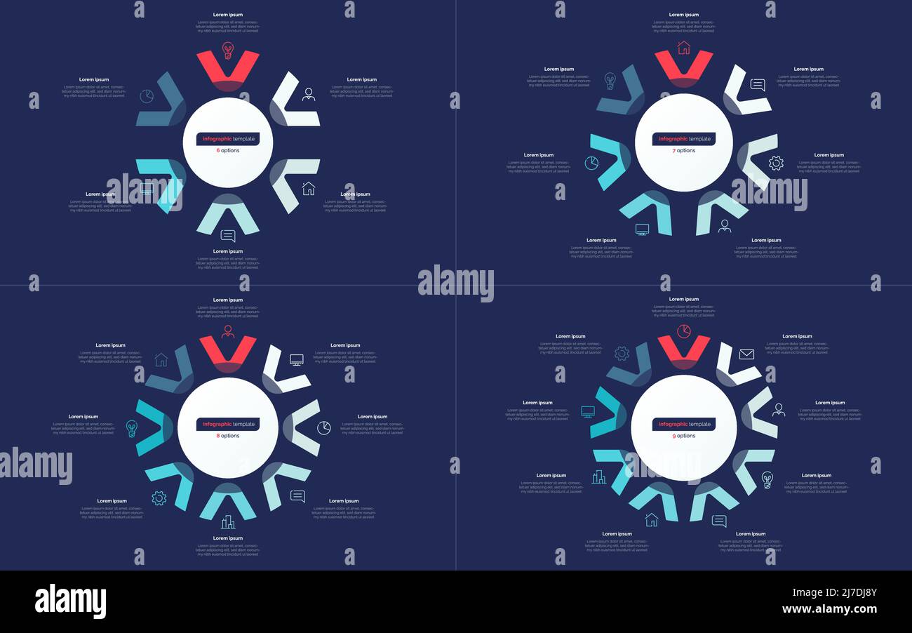 Satz von Vektor-modernen Kreisdiagramm Infografik-Vorlagen. 5-9 Optionen Stock Vektor