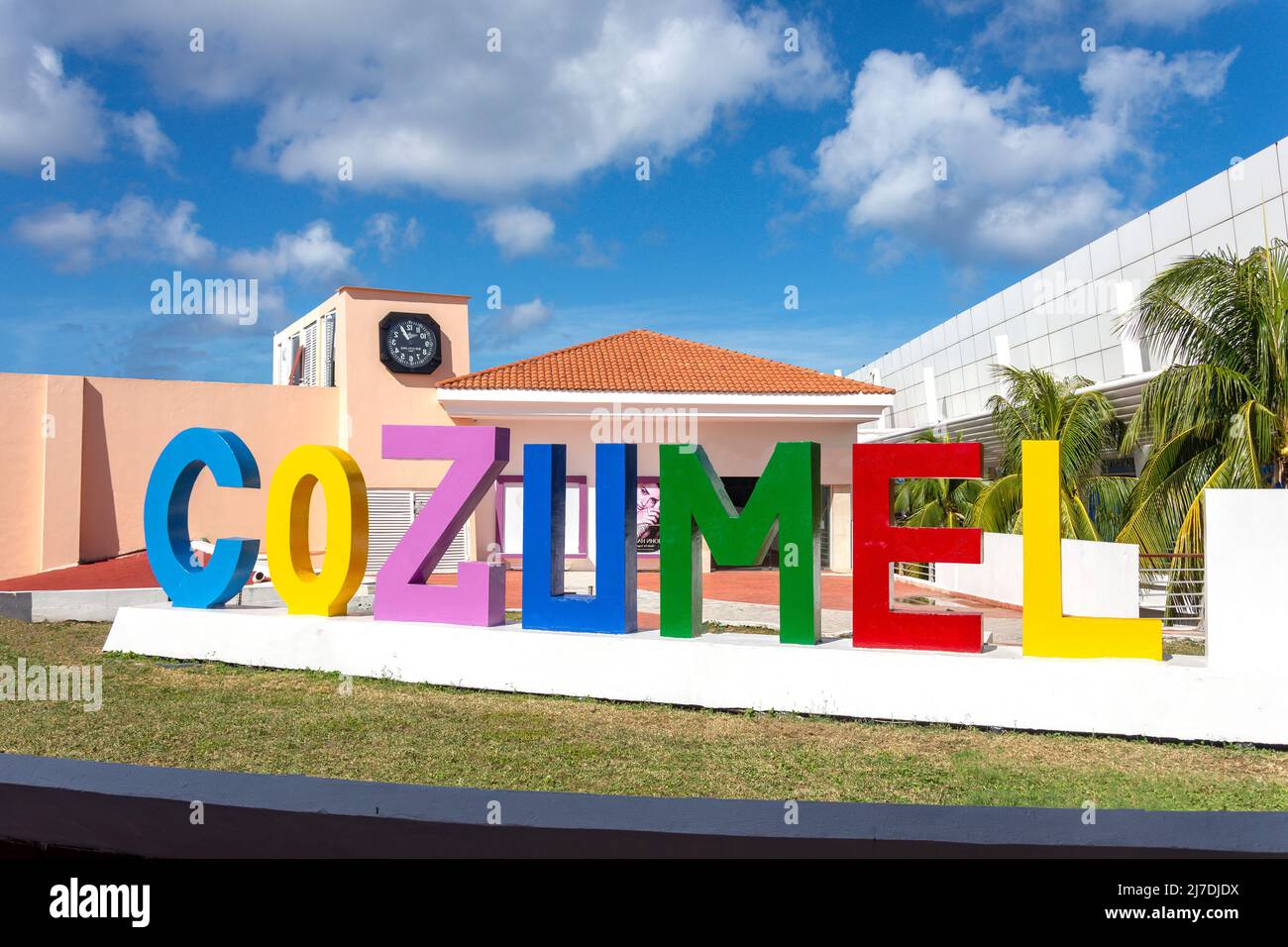 Cozumel-Schild am Punta Langosta Shopping Centre, Centro, San Miguel de Cozumel, Cozumel, Quintana Roo, Mexiko Stockfoto