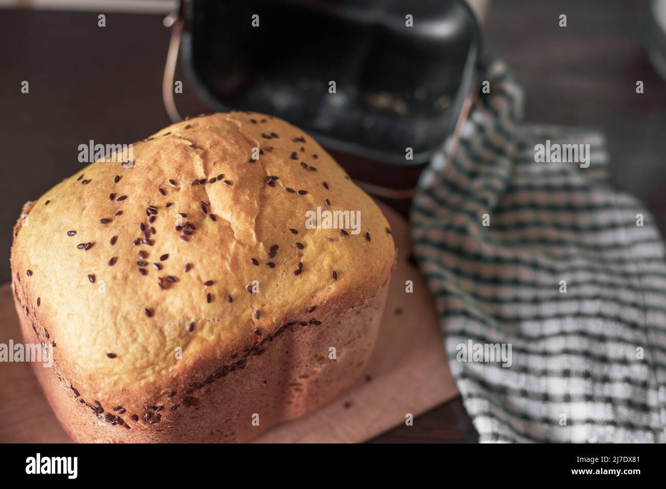 Frisches, selbstgebackenes Brot, bestreut mit Flachs- und Sesamsamen, in einer Brotmaschine gebacken. Köstliches hausgemachtes Gebäck. Stockfoto