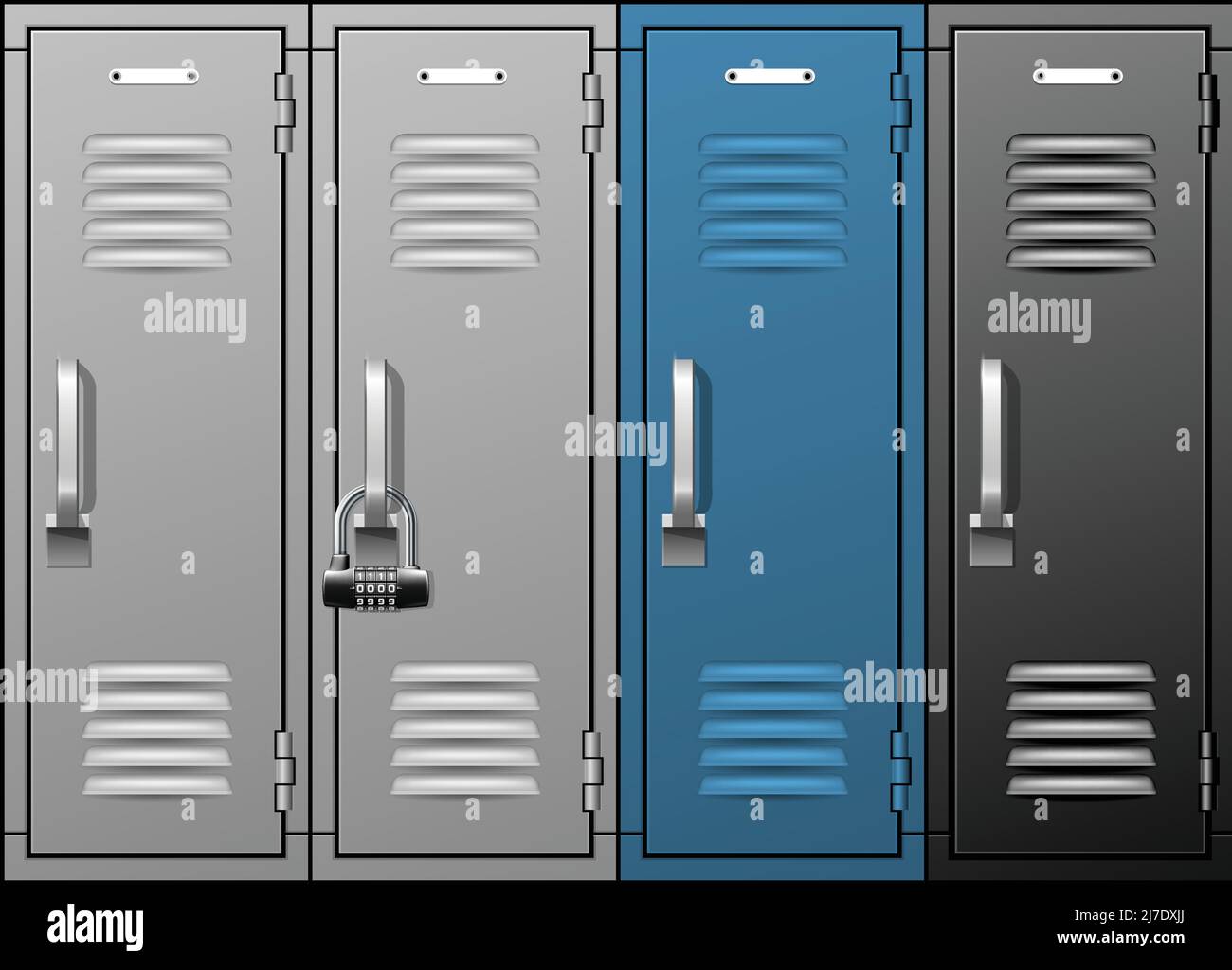 Umkleideraum Metallschränke, Reihe von Schule oder Turnhalle Schließfächer, blau und grau Gepäckaufbewahrung, Vektor Stock Vektor
