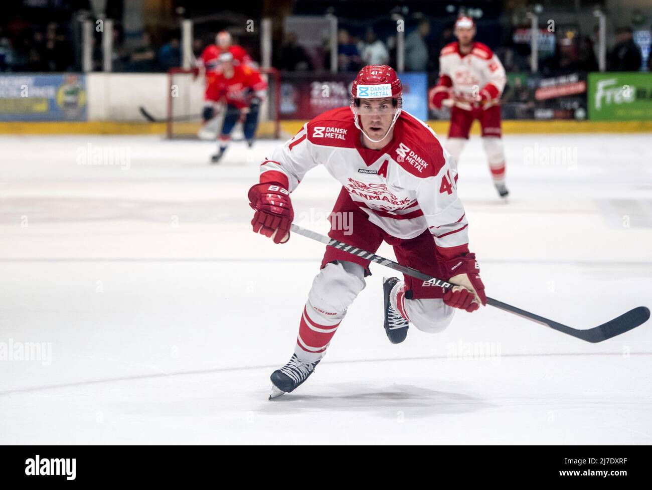 Coventry, Großbritannien, 7. Mai 2022. Dänemark drückt sich während des Internationalen Spiels zwischen GB und Dänemark am 7. Mai 2022 in Skydome, Coventry, Großbritannien, nach vorne. Foto von Phil Hutchinson. Nur zur redaktionellen Verwendung, Lizenz für kommerzielle Nutzung erforderlich. Keine Verwendung bei Wetten, Spielen oder Veröffentlichungen einzelner Clubs/Vereine/Spieler. Stockfoto