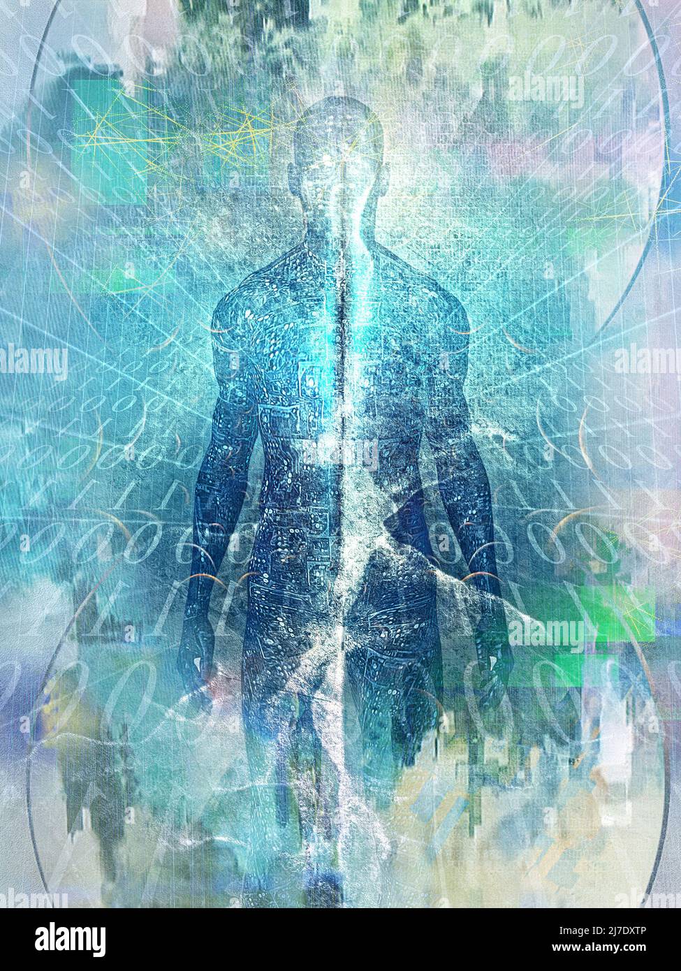 Future Man. Geist entsteht aus dem digitalen Raum. Seele oder Aura und Binärcode. 3D-Rendering Stockfoto