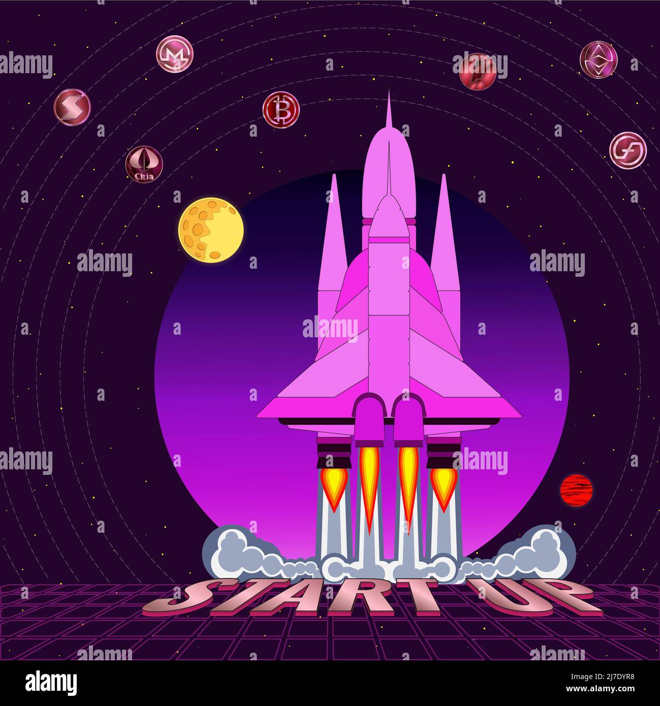 Die Rakete startet vom Weltraumbahnhof mit der Aufschrift Start Up. Farbdarstellung mit Bildern von Kryptowährungen und Planeten. Allegorie eines s Stockfoto