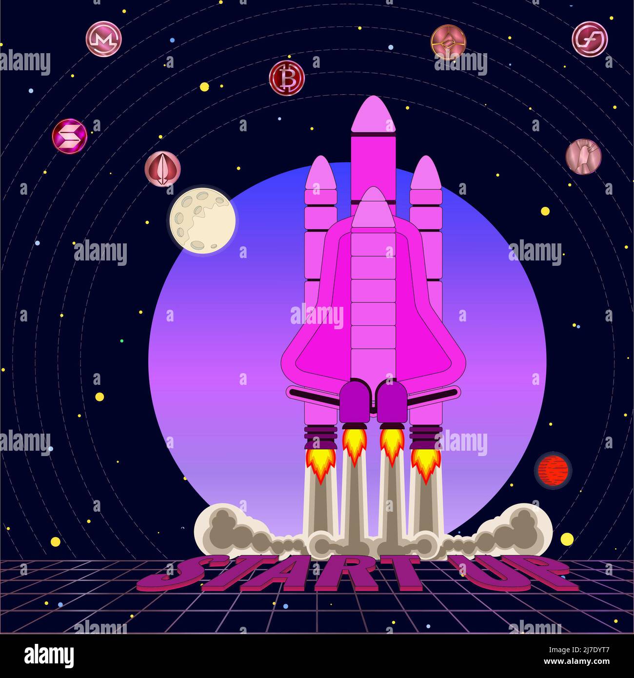 Die Rakete startet vom Weltraumbahnhof mit der Aufschrift Start Up. Farbdarstellung mit Bildern von Kryptowährungen und Planeten. Allegorie eines s Stockfoto