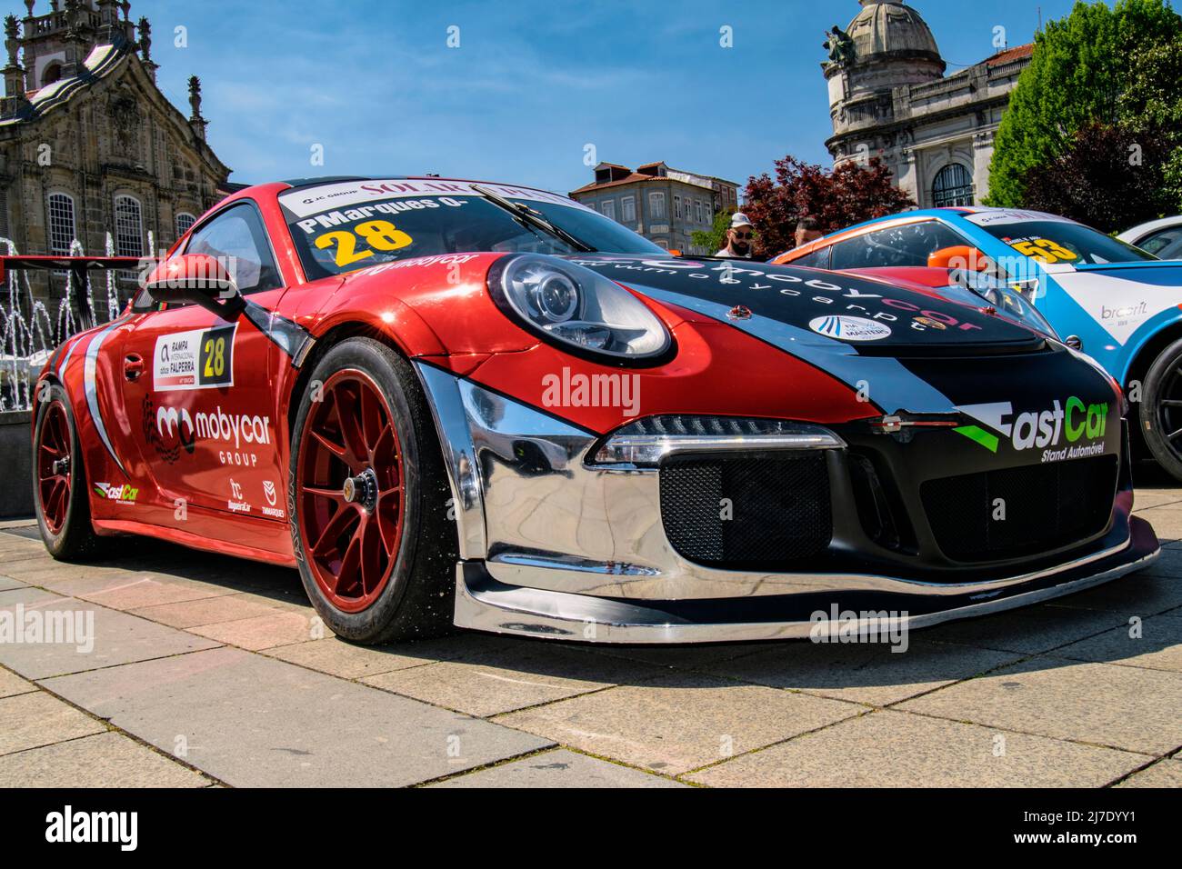 Rallye-Rennwagen, 2022 Rampa da Falperra in Braga, Portugal. Porsche 991 GT3 Wettkampfrallye Stockfoto