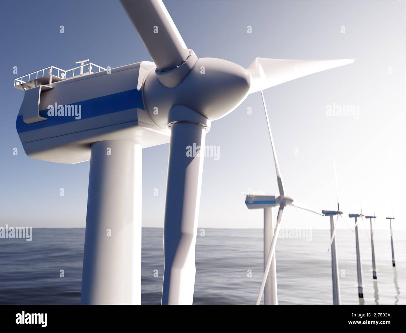 3D Rendering von auf dem Meer installierten Windenergieanlagen Stockfoto