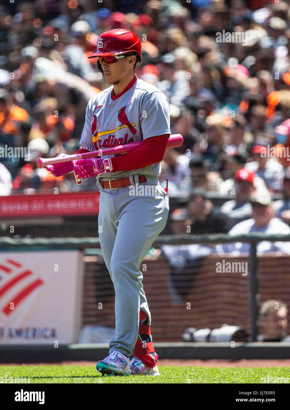 San Francisco CA, USA. Mai 08 2022, St. Louis zweiter Baseman Tommy Edman (19) bei Schlägen während MLB-Spiel zwischen den St. Louis Cardinals und den San Francisco Giants im dritten Inning im Oracle Park San Francisco Calif. Thurman James/CSM Stockfoto