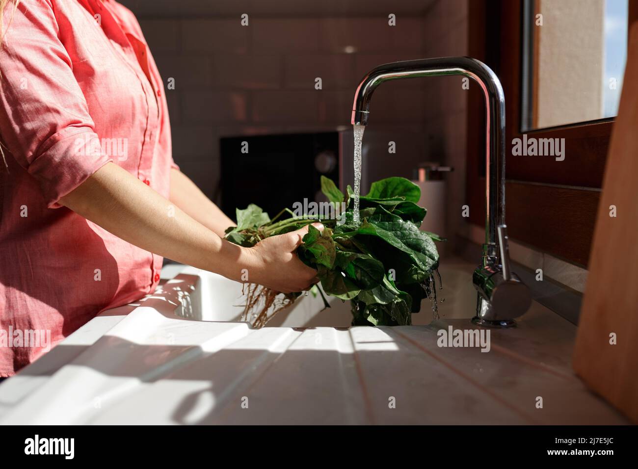 Junge kaukasische Frau in der Schürze, die Salat in der Küche waschen. Bio gesunde Ernährung zu Hause Konzept. Stockfoto