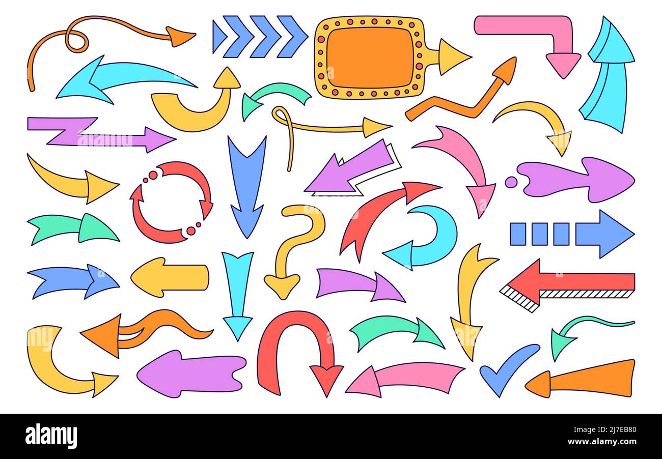 Pfeil-Doodle-Umriss festgelegt. Infografik verschiedene Richtungen Zeiger bunte Kontur Sammlung. Skizzencursor-Zeichen. Pfeile in verschiedenen Formen, Symbol nach oben, links rechts unten. Isoliertes Vektordesign-Element Stock Vektor