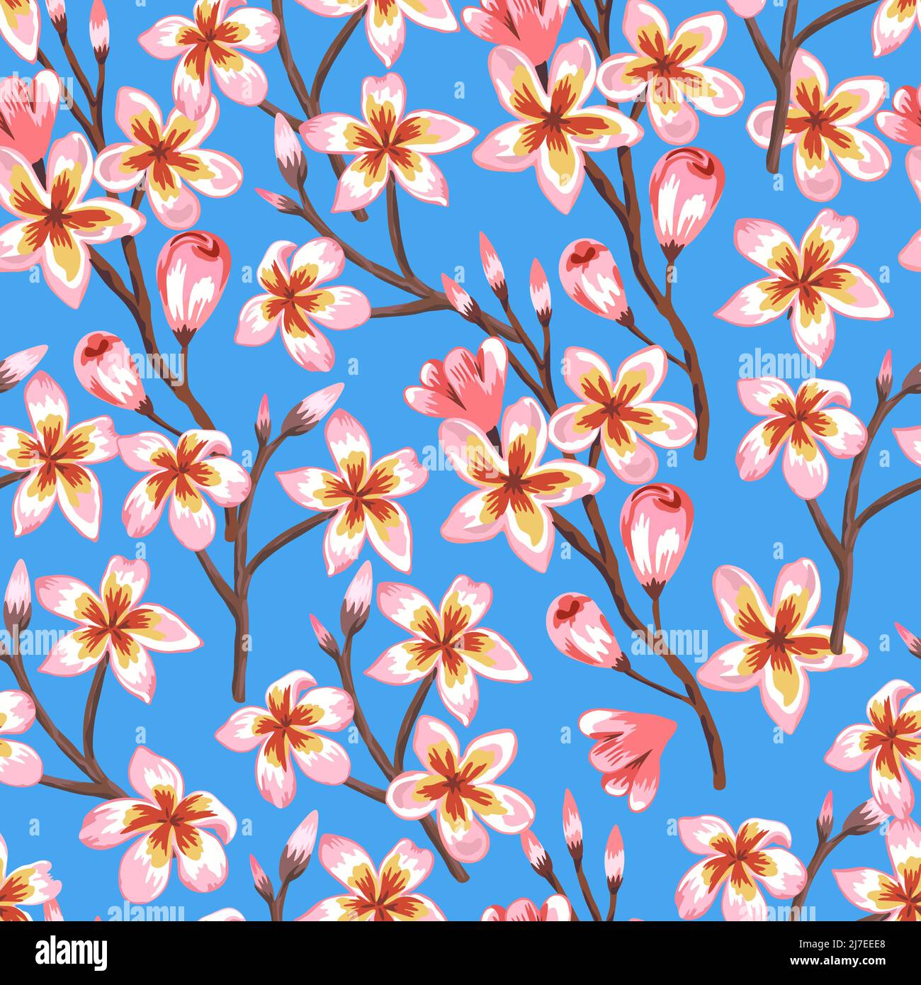 Handgezeichnetes nahtloses Muster mit blühenden Sakura-Zweigen. Stock Vektor