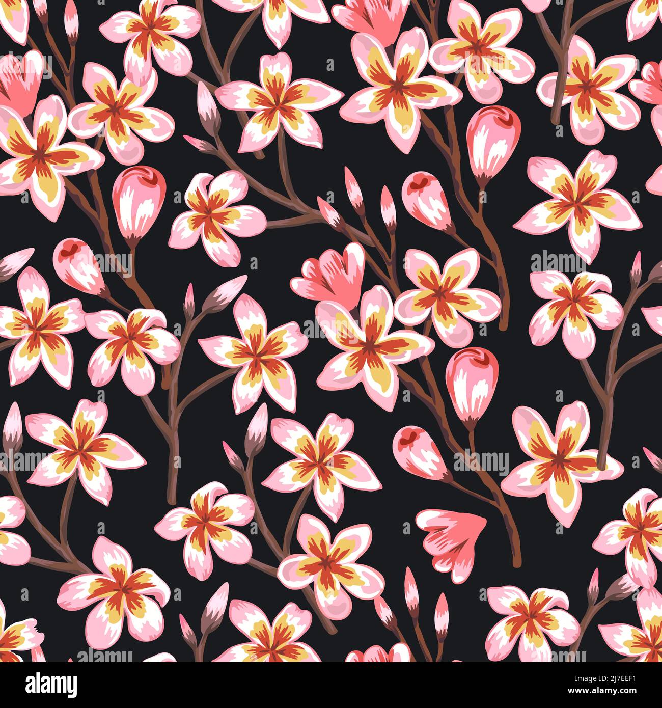 Handgezeichnetes nahtloses Muster mit blühenden Sakura-Zweigen. Stock Vektor